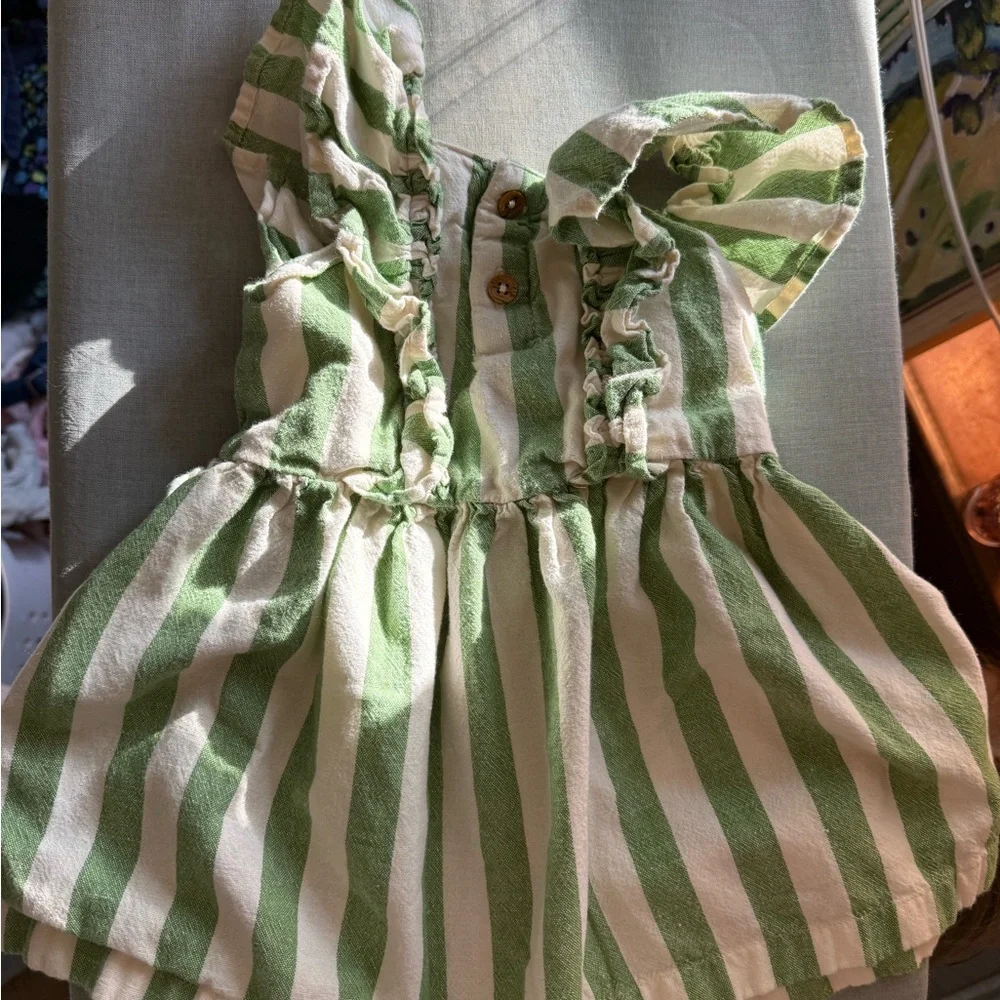 Hanna Andersson Green Stripe Baby Dress + Bloomers 12-18M